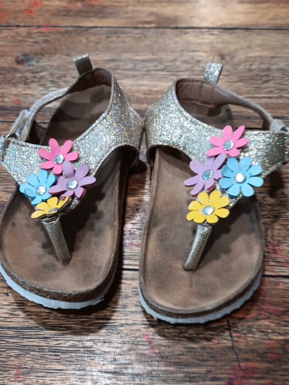 Kids Glitter Gold Flower Thong Sandals with Multicolor Blossoms